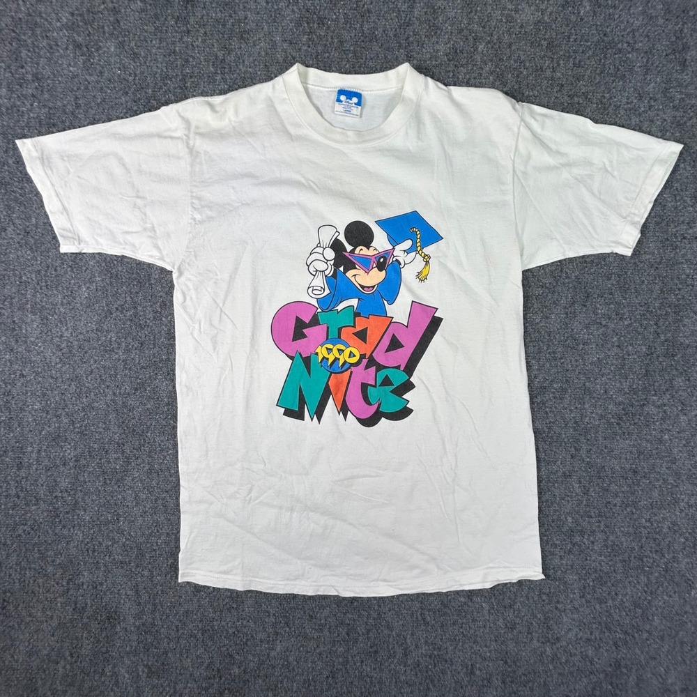 Vintage Disney Grad Nite 1990 Mickey Mouse T-Shirt White Large Single Stitch USA